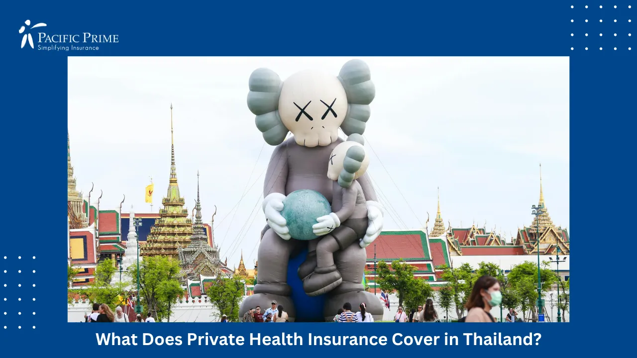 Image of Visitors Viewing Art Installation Near Grand Palace In Bangkok with text overlay of "What Does Private Health Insurance Cover in Thailand?"