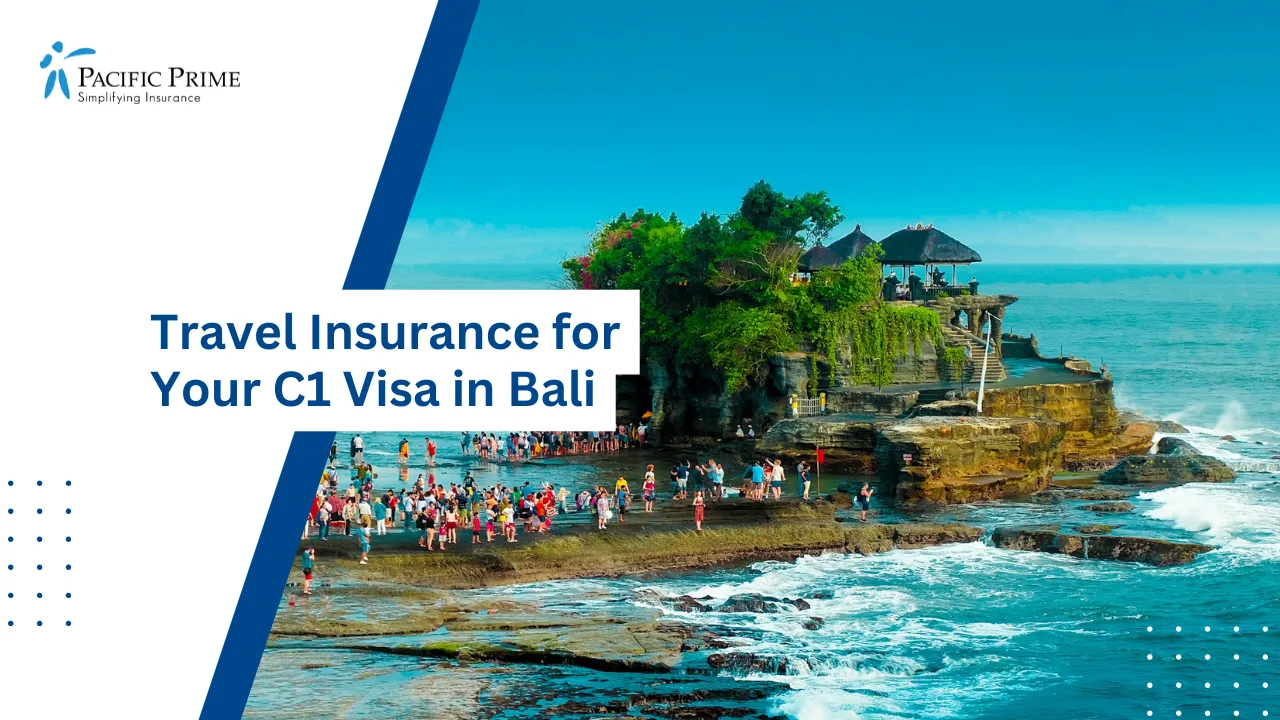 Image of Visitors Walking Along The Beach Near Tanah Lot Temple In Bali with text overlay of "Travel Insurance for Your C1 Visa in Bali"