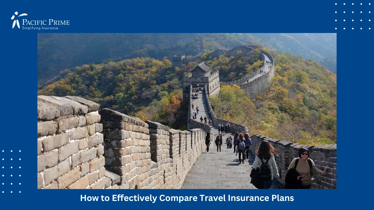 Image of Visitors Walking Along The Great Wall Of China In Daylight with text overlay of "How to Effectively Compare Travel Insurance Plans"