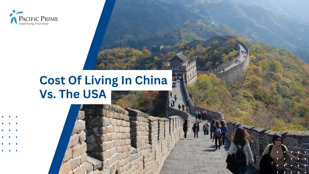 Image of Visitors Walking Along The Great Wall Of China Under Daylight with text overlay of "Cost Of Living In China Vs. The USA"