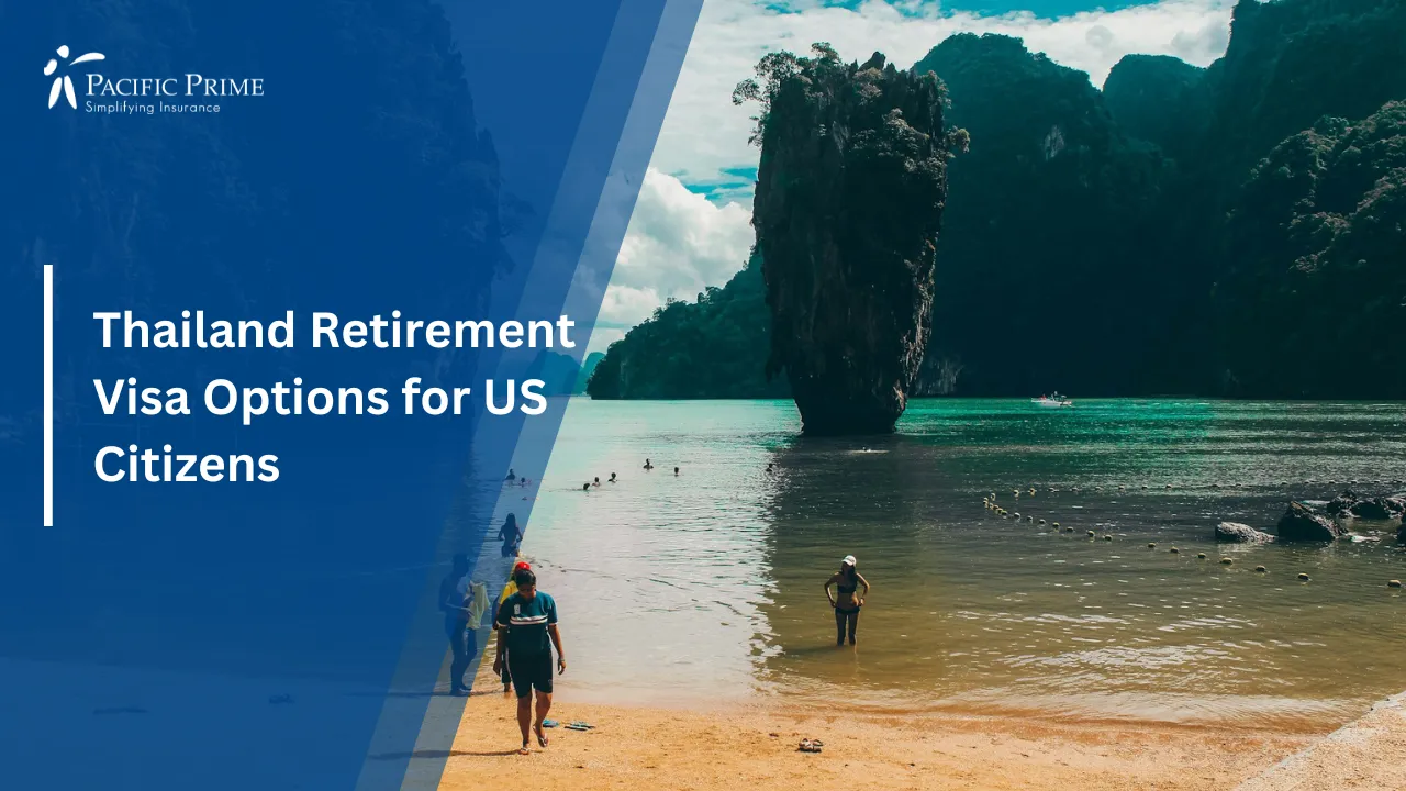 Image of Visitors Walking On Sandy Beach At James Bond Island, Thailand with text overlay of "Thailand Retirement Visa Options for US Citizens"