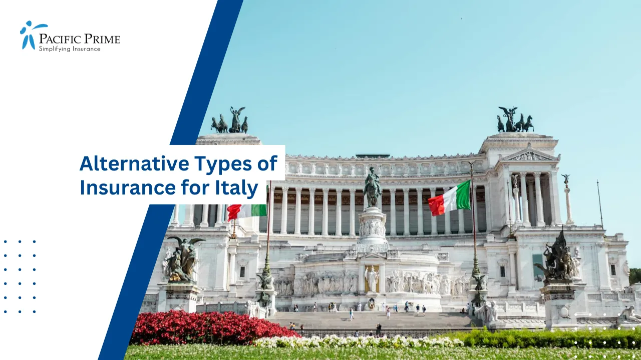 Image of Vittoriano Monument At Piazza Venezia In Rome, Lazio, Italy with text overlay of "Alternative Types of Insurance for Italy"