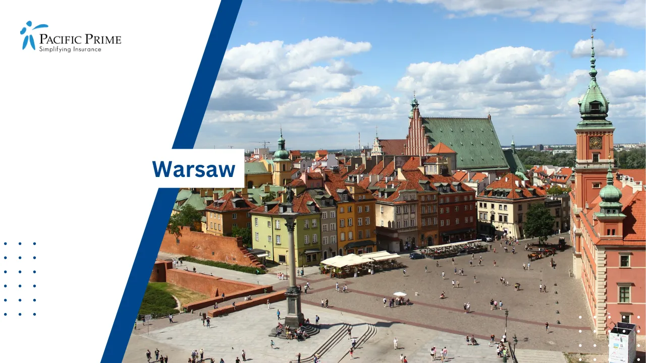 Image of Warsaw Old Town Cityscape With Historic Buildings In Poland with text overlay of "Warsaw"