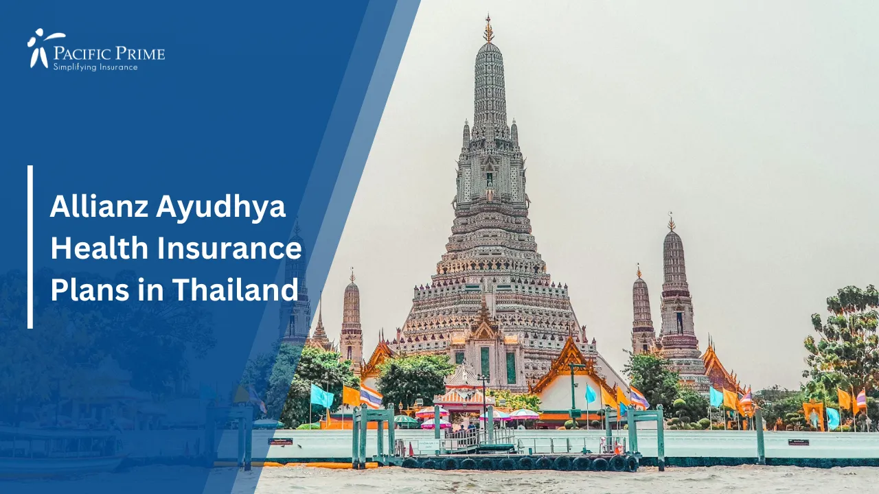 Image of Wat Arun Temple Along The River In Bangkok, Thailand with text overlay of "Allianz Ayudhya Health Insurance Plans in Thailand"