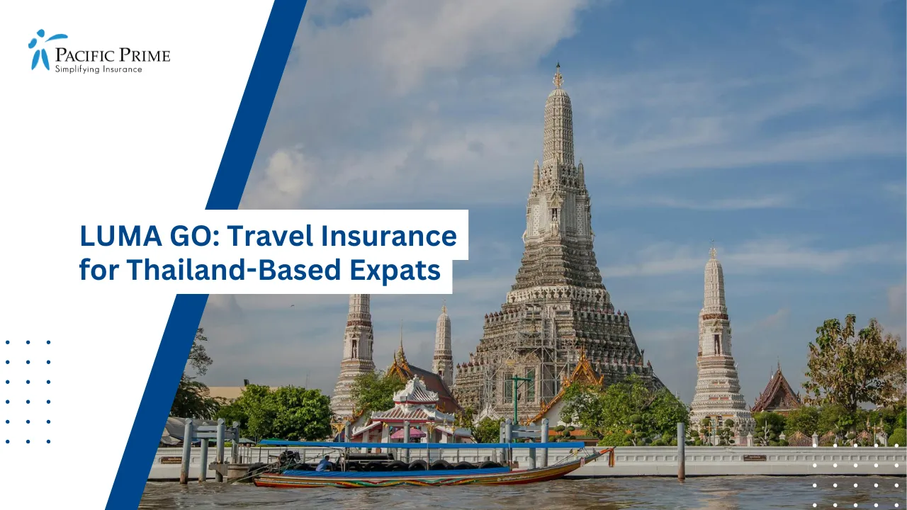 Image of Wat Arun Temple By The River In Bangkok, Thailand with text overlay of "LUMA GO: Travel Insurance for Thailand-Based Expats"
