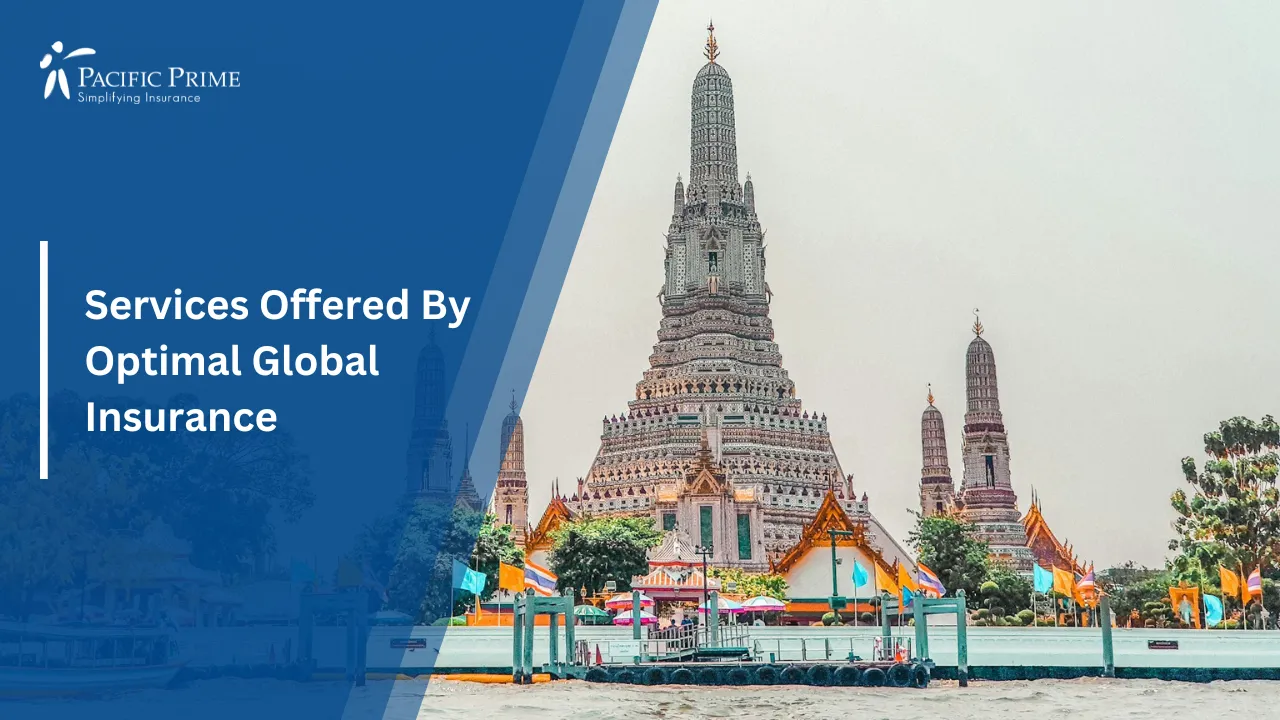 Image of Wat Arun Temple By The Riverside In Bangkok, Thailand with text overlay of "Services Offered By Optimal Global Insurance"