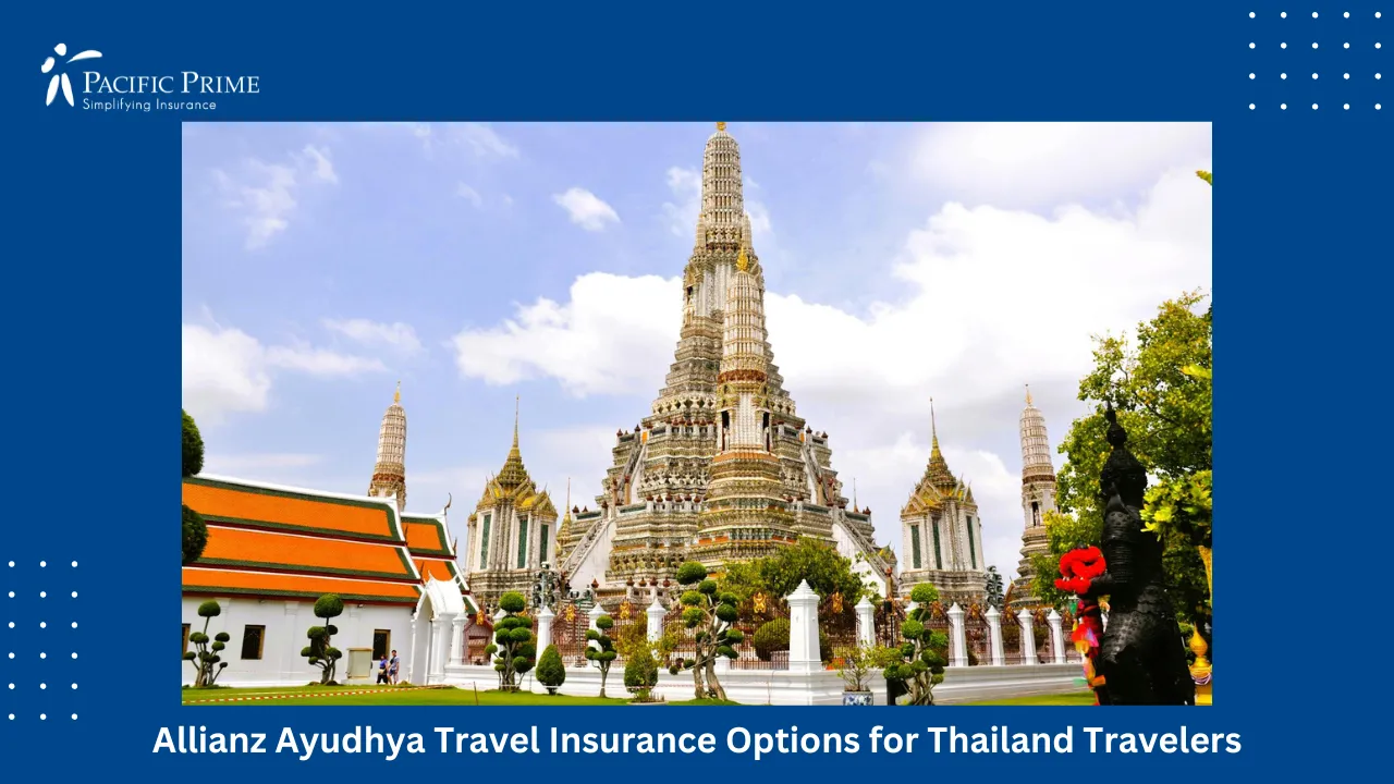 Image of Wat Arun Temple In Bangkok With Clear Blue Sky In The Background with text overlay of "Allianz Ayudhya Travel Insurance Options for Thailand Travelers"