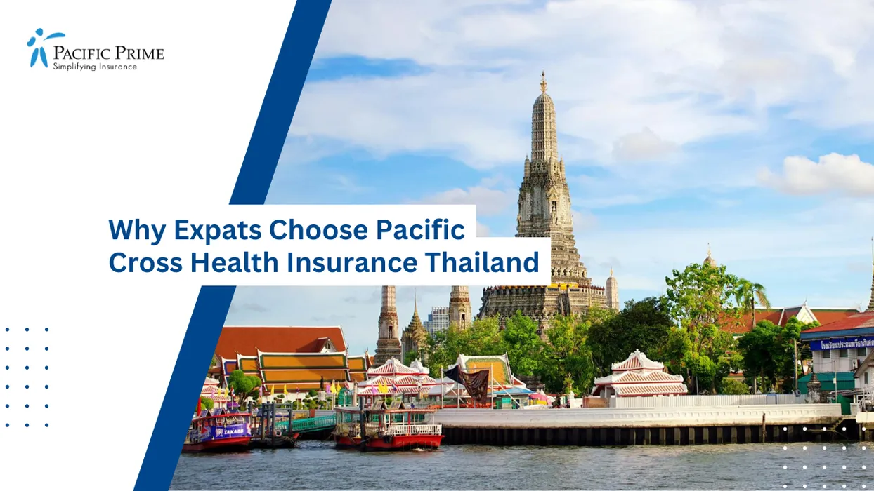 Image of Wat Arun Temple Rising Beside The River With Ornate Spires And Scenic Surroundings with text overlay of "Why Expats Choose Pacific Cross Health Insurance Thailand"