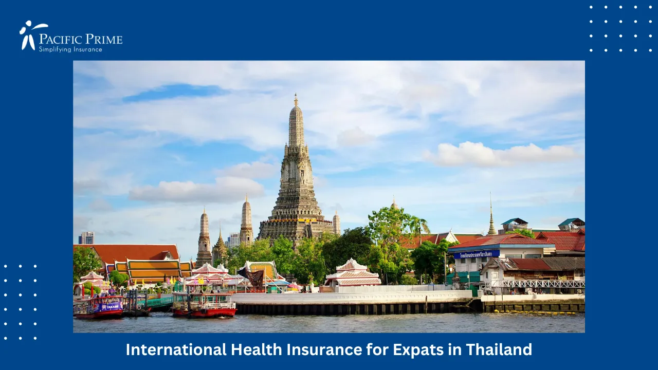 Image of Wat Arun Temple View With Blue Sky In Bangkok with text overlay of "Health Insurance for Expats Living Abroad"
