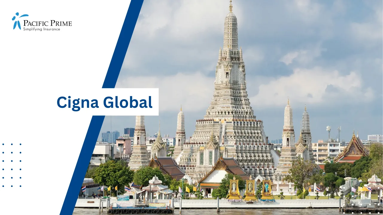 Image of Wat Arun Temple With Ornate Spires By The Riverside In Bangkok with text overlay of "Cigna Global"