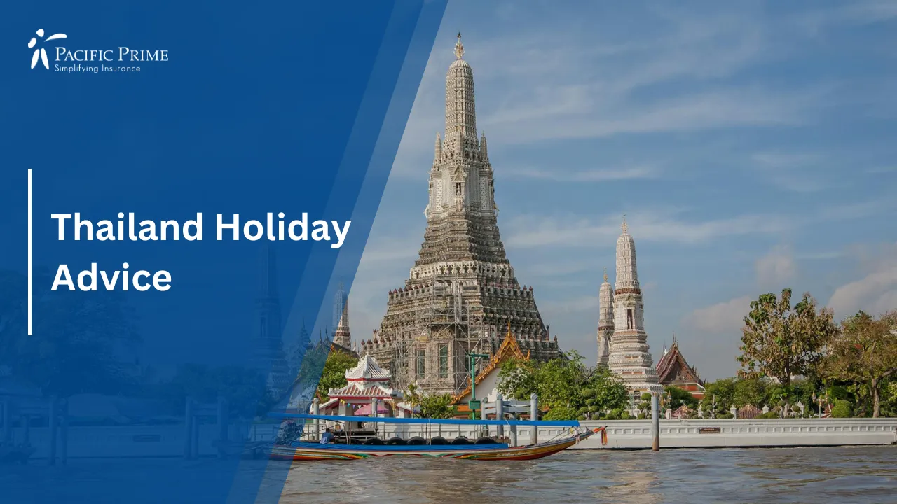 Image of Wat Arun Temple With Ornate Spires In Bangkok, Thailand with text overlay of "Thailand Holiday Advice"