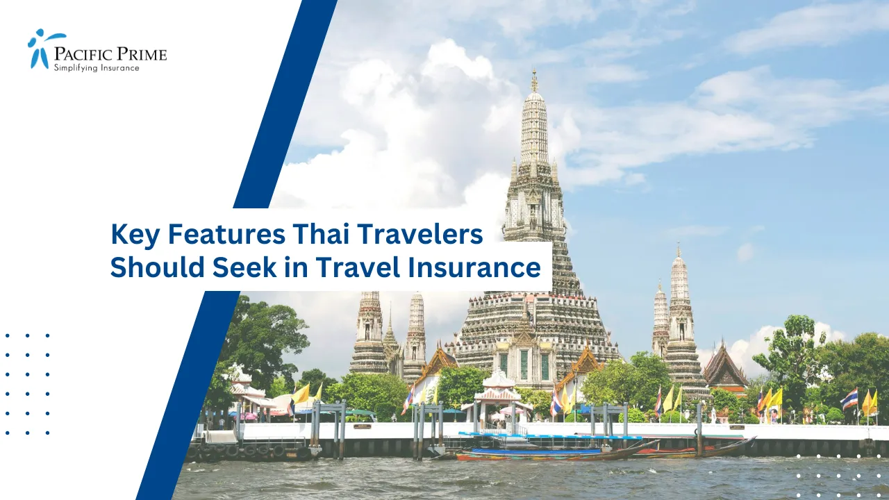 Image of Wat Arun’s Ornate Riverside Spires Glowing Beneath A Clear Bangkok Sky with text overlay of "Key Features Thai Travelers Should Seek in Travel Insurance"