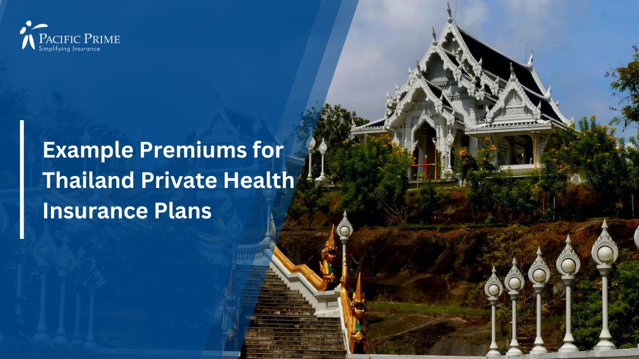 Image of Wat Kaeo Korawaram Temple With Ornate Architecture In Thailand with text overlay of "Example Premiums for Thailand Private Health Insurance Plans"