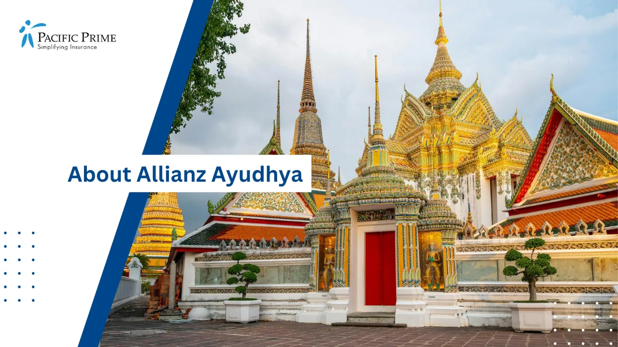 Image of Wat Pho Temple Complex With Ornate Roofs And Golden Details In Bangkok with text overlay of "About Allianz Ayudhya"