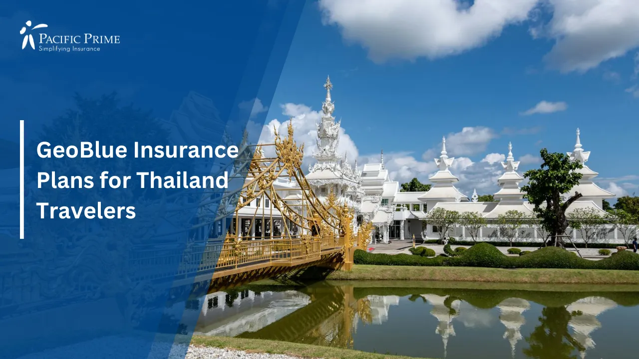 Image of Wat Rong Khun And Golden Bridge Reflected In Canal, Chiang Rai with text overlay of "GeoBlue Insurance Plans for Thailand Travelers"