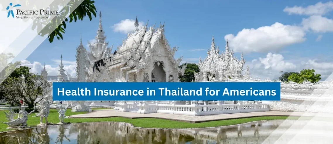 Image of Wat Rong Khun's White Facade Reflected In Pond Under Blue Sky In Chiang Rai with text overlay of "Health Insurance in Thailand for Americans"