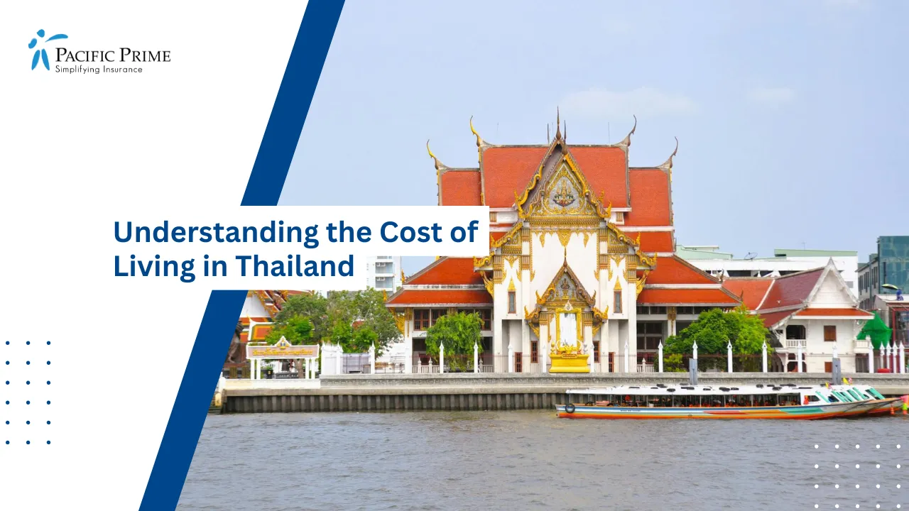 Image of Wat Temple By Chao Phraya River In Bangkok with text overlay of "Understanding the Cost of Living in Thailand"