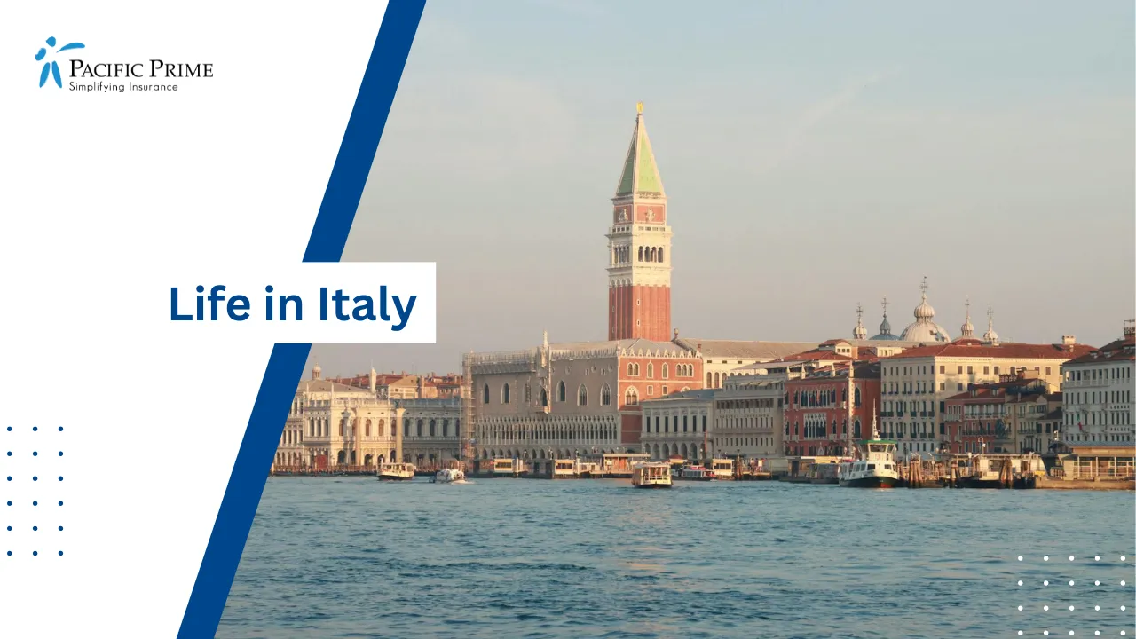 Image of Waterfront Buildings And St Mark's Campanile In Venice, Italy with text overlay of "Life in Italy"