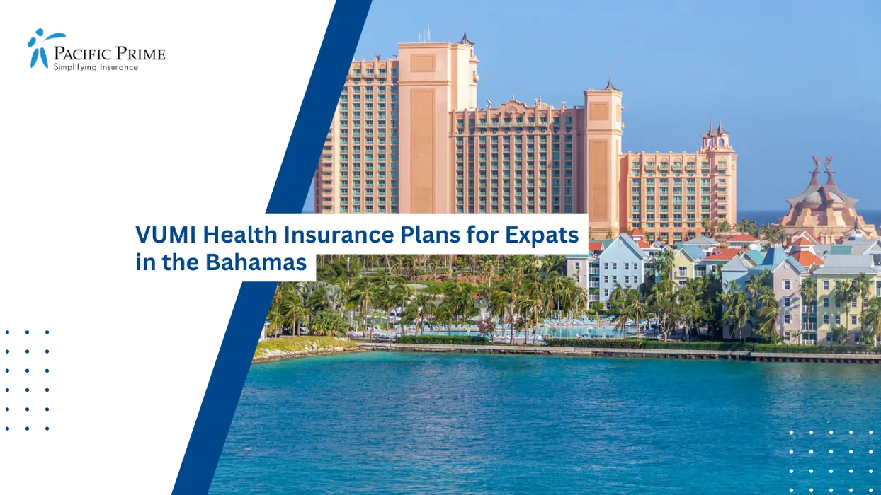 Image of Waterfront Buildings In Nassau Set Against Clear Blue Skies And Calm Harbor Waters with text overlay of "VUMI Health Insurance Plans for Expats in the Bahamas"
