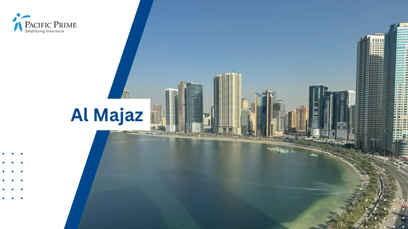 Image of Waterfront Framed By Towering Buildings In Al Majaz, Sharjah with text overlay of "Al Majaz"