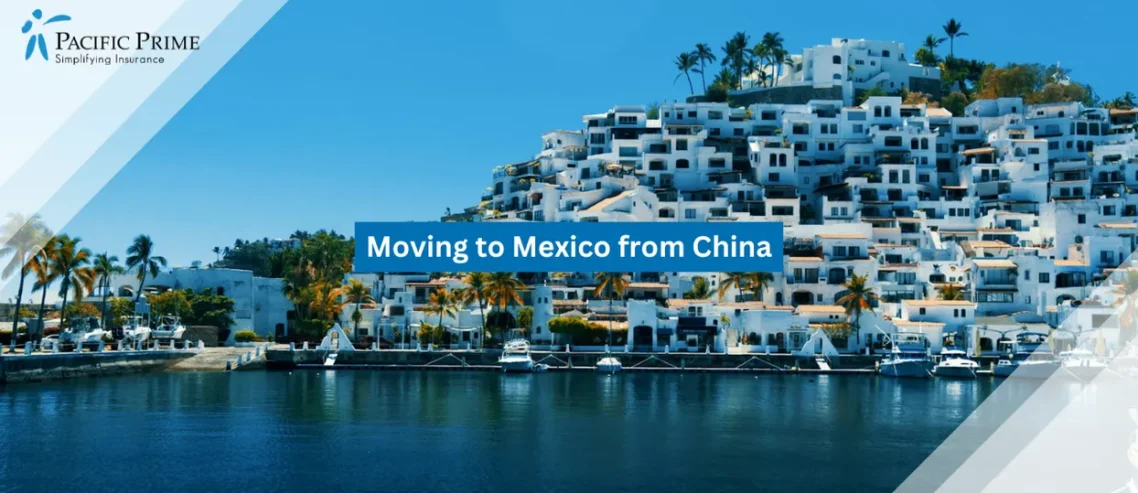 Image of Waterfront Skyline At Las Hadas In Manzanillo With Coastal Buildings By The Bay with text overlay of "Moving to Mexico from China"