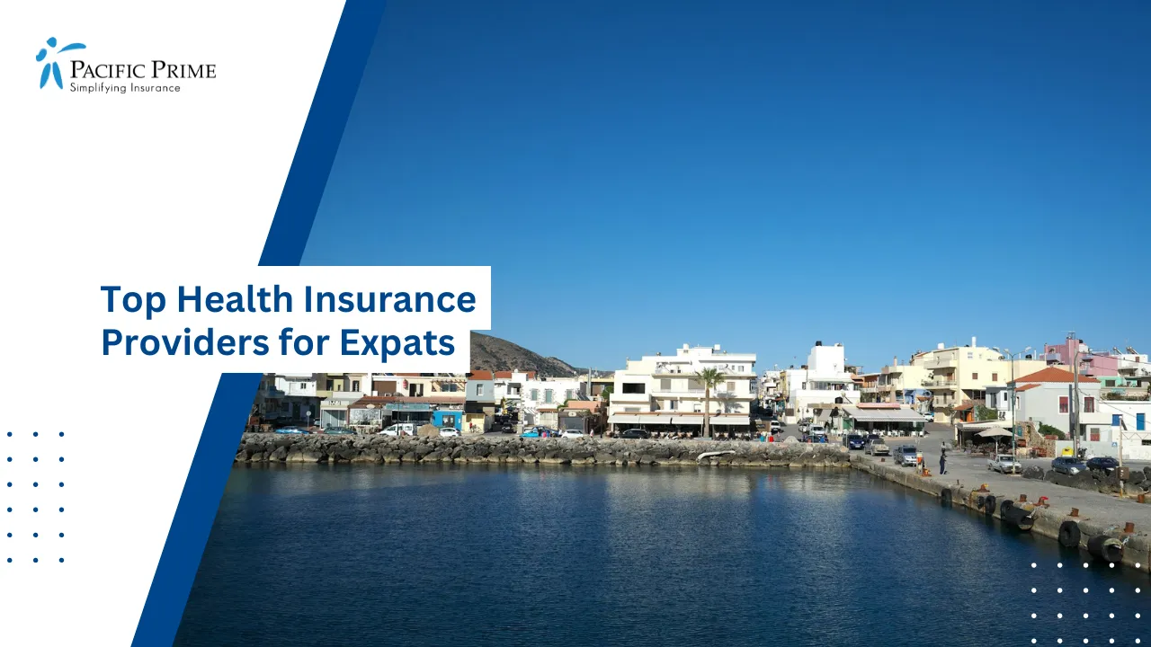 Image of Waterfront View Of Paleochora Town With Sea And Buildings In Crete with text overlay of "Top Health Insurance Providers for Expats"