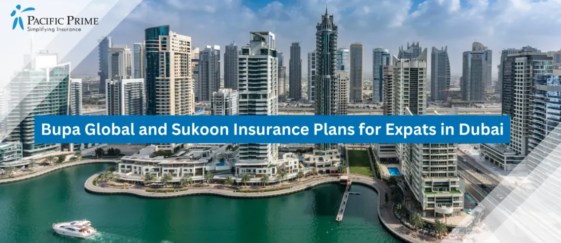 Image of Waterfront View Of Tall Buildings Surrounding Dubai Marina with text overlay of "Bupa Global and Sukoon Insurance Plans for Expats in Dubai"