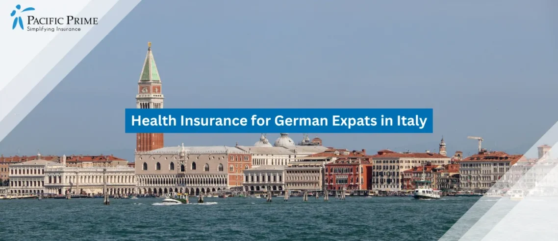 Image of Waterfront View Of Venice With Historic Buildings Lining The Cityscape with text overlay of "Health Insurance for German Expats in Italy"