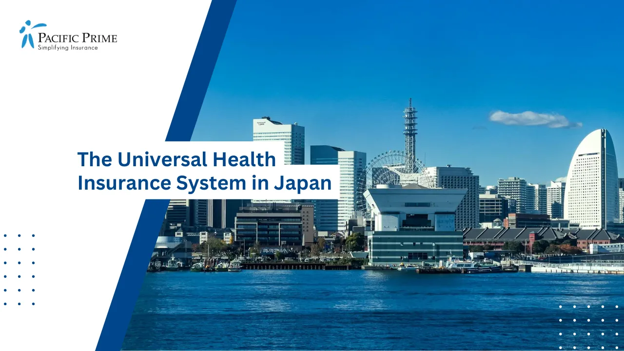 Image of Waterfront View Of Yokohama Cityscape With Modern Skyline with text overlay of "The Universal Health Insurance System in Japan"