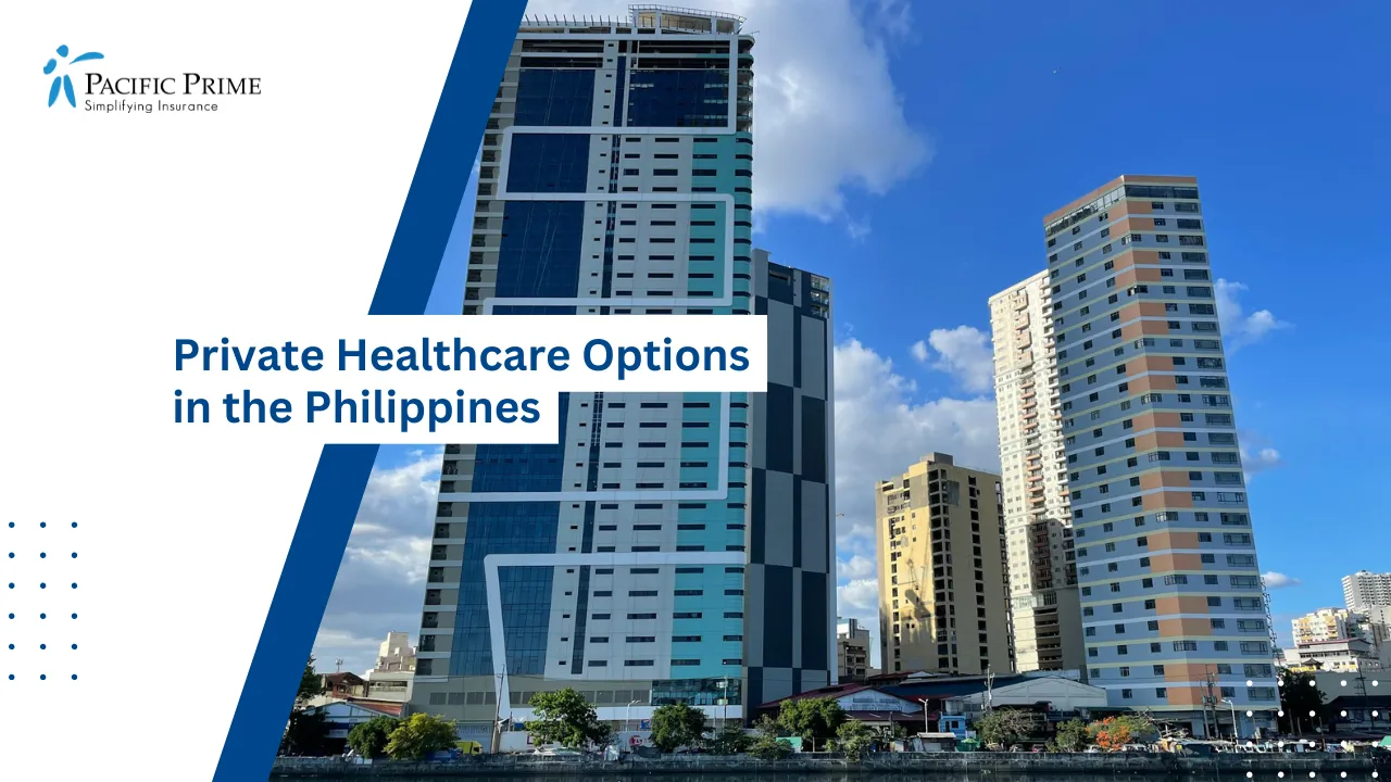 Image of Waterfront View With High-rise Buildings In Manila, Philippines with text overlay of "Private Healthcare Options in the Philippines"