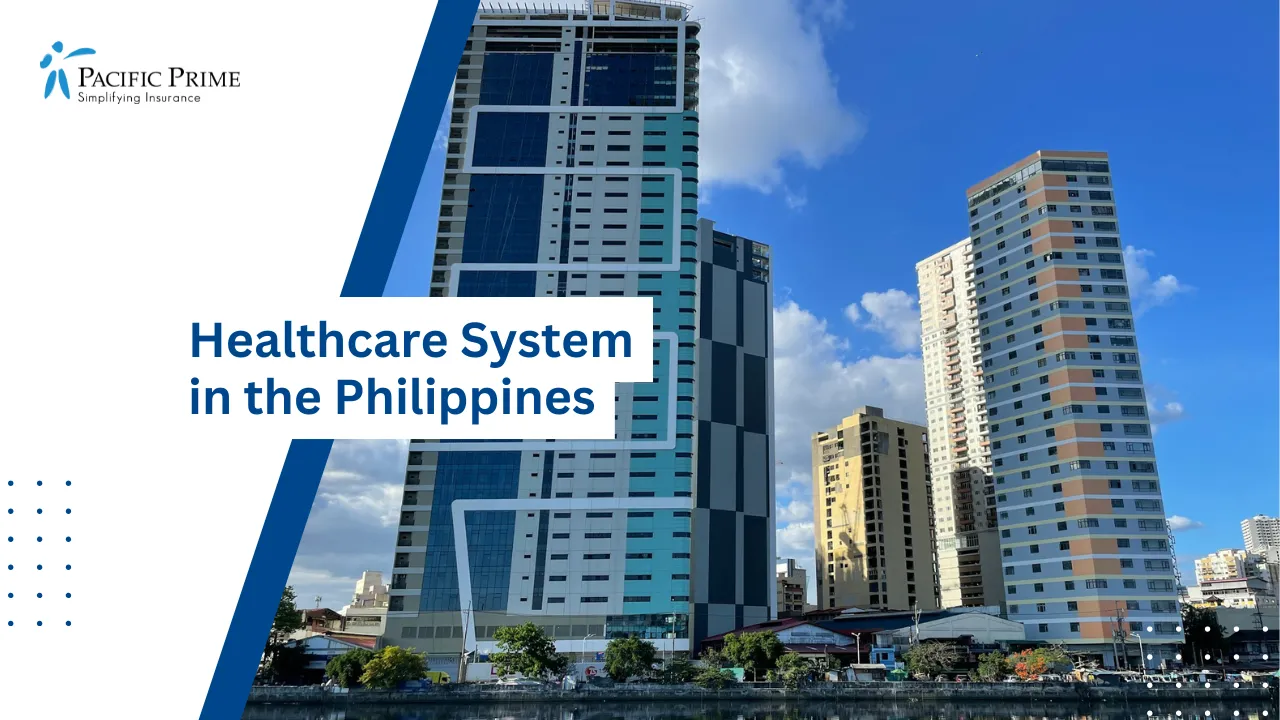 Image of Waterfront View With High-rise Buildings In Manila, Philippines with text overlay of "Healthcare System in the Philippines"