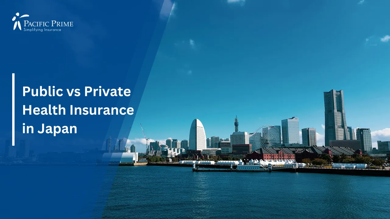 Image of Waterfront View With Yokohama City Skyline In The Background with text overlay of "Public vs Private Health Insurance in Japan"