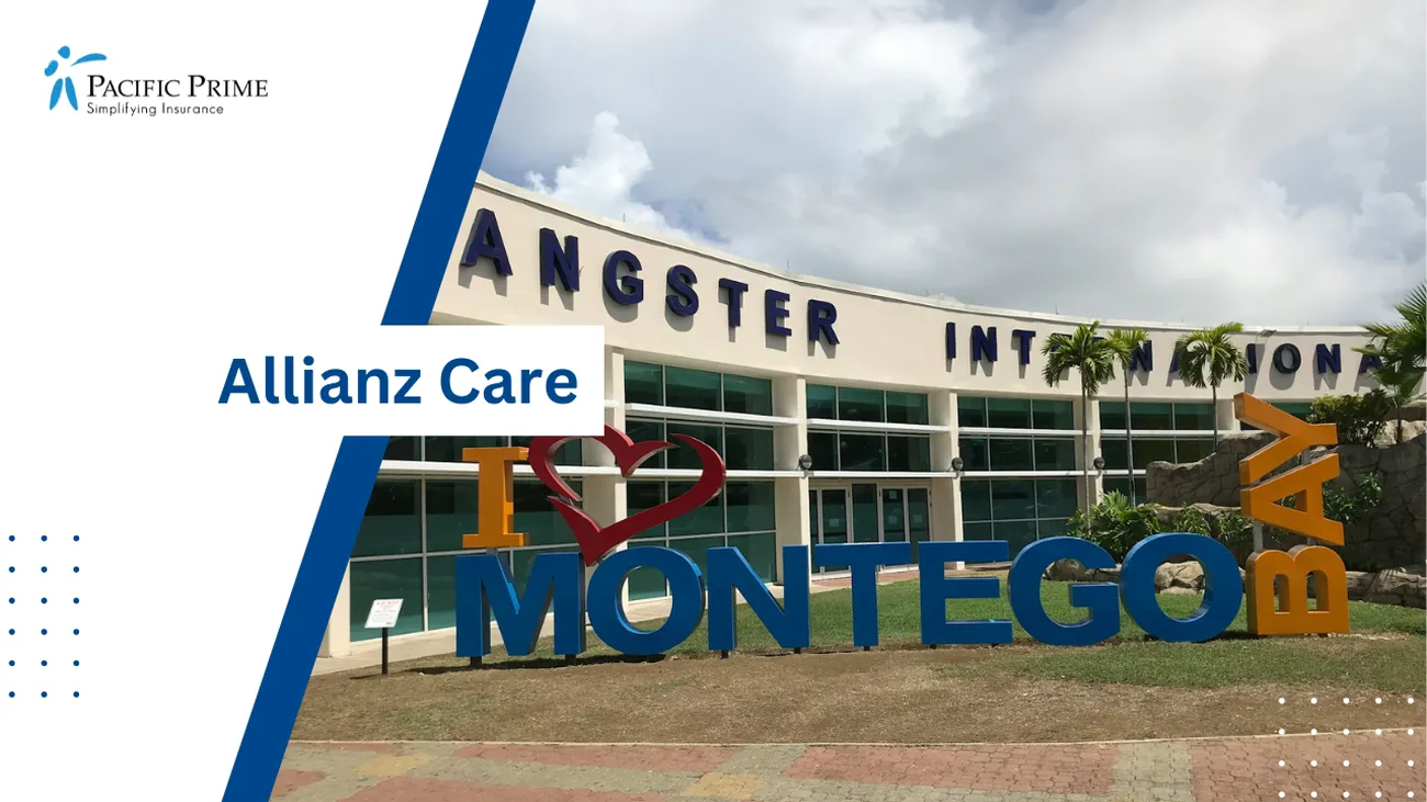 Image of Welcome To Jamaica Sign At Sangster International Airport, Montego Bay with text overlay of "Allianz Care"