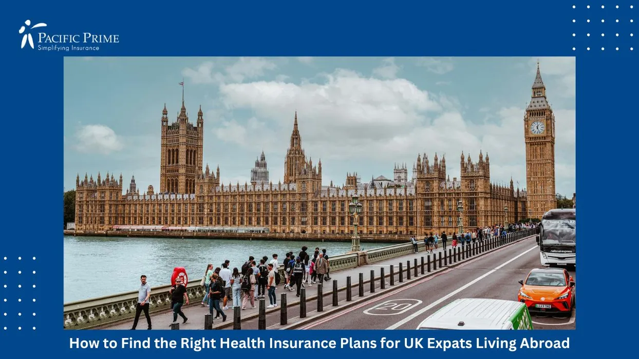 Image of Westminster Palace And Big Ben Beside The Thames With City Traffic with text overlay of "How to Find the Right Health Insurance Plans for UK Expats Living Abroad"