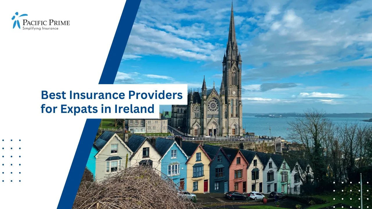 Image of White And Black Building Under Clear Blue Sky In Cobh, County Cork, Ireland with text overlay of "Best Insurance Providers for Expats in Ireland"