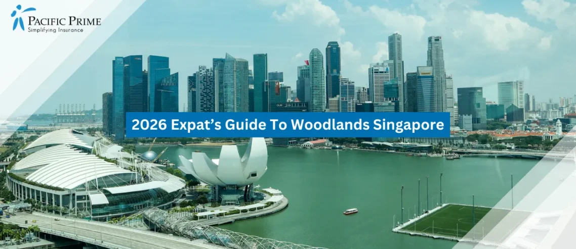 Image of White And Blue Boat Cruising Past Singapore’s Waterfront Buildings In Daylight with text overlay of "2026 Expat’s Guide To Woodlands Singapore"