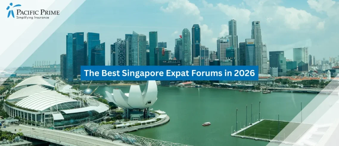 Image of White And Blue Boat Cruising Past Singapore’s Waterfront Skyline In Daylight with text overlay of "The Best Singapore Expat Forums in 2026"