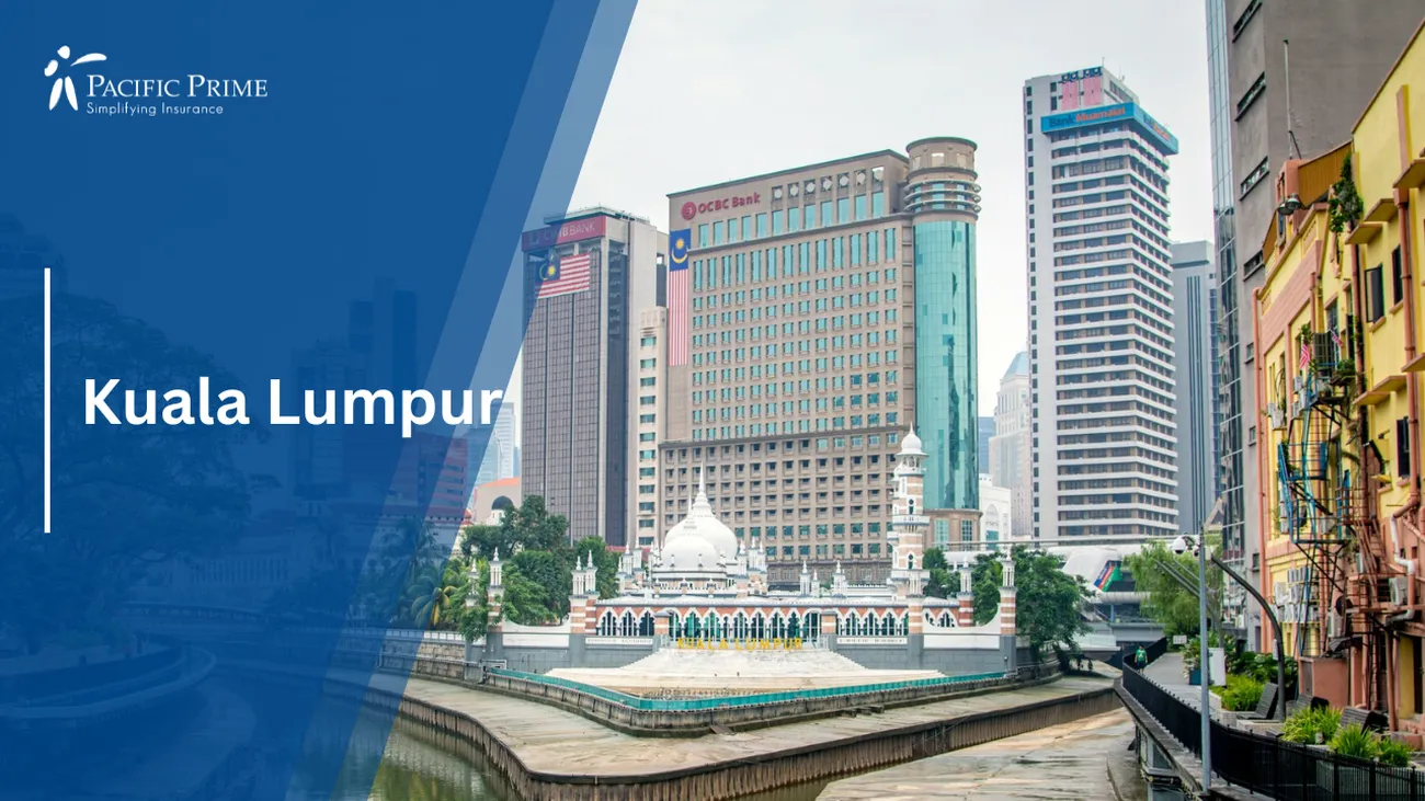 Image of White And Blue Boat On River Near City Buildings With Jamek Mosque with text overlay of "Kuala Lumpur"