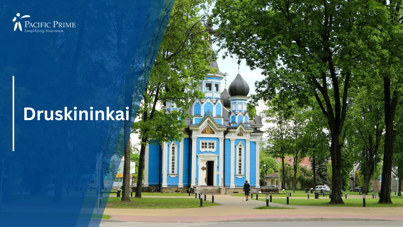 Image of White And Blue Concrete Building Near Green Trees In Druskininkai with text overlay of "Druskininkai"