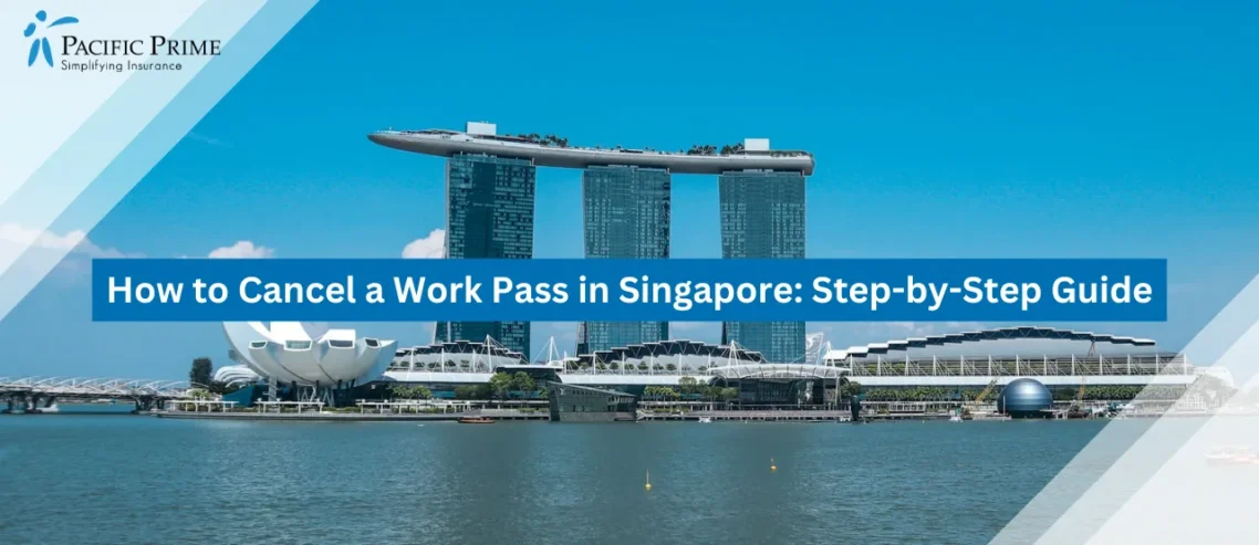 Image of White And Brown Building By Waterfront In Daylight, Singapore with text overlay of "How to Cancel a Work Pass in Singapore: Step-by-Step Guide"