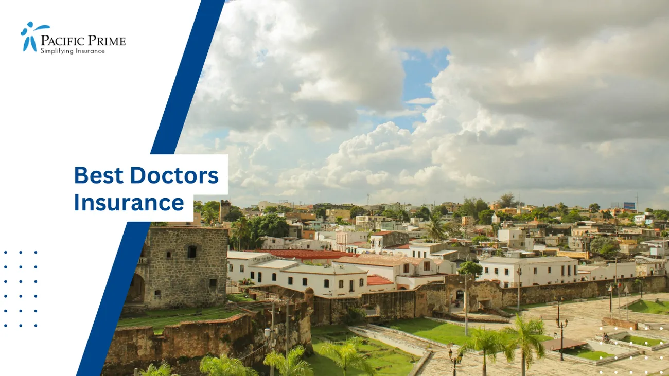 Image of White And Brown Buildings Under Clouds, Zona Colonial, Santo Domingo, DR with text overlay of "Best Doctors Insurance"