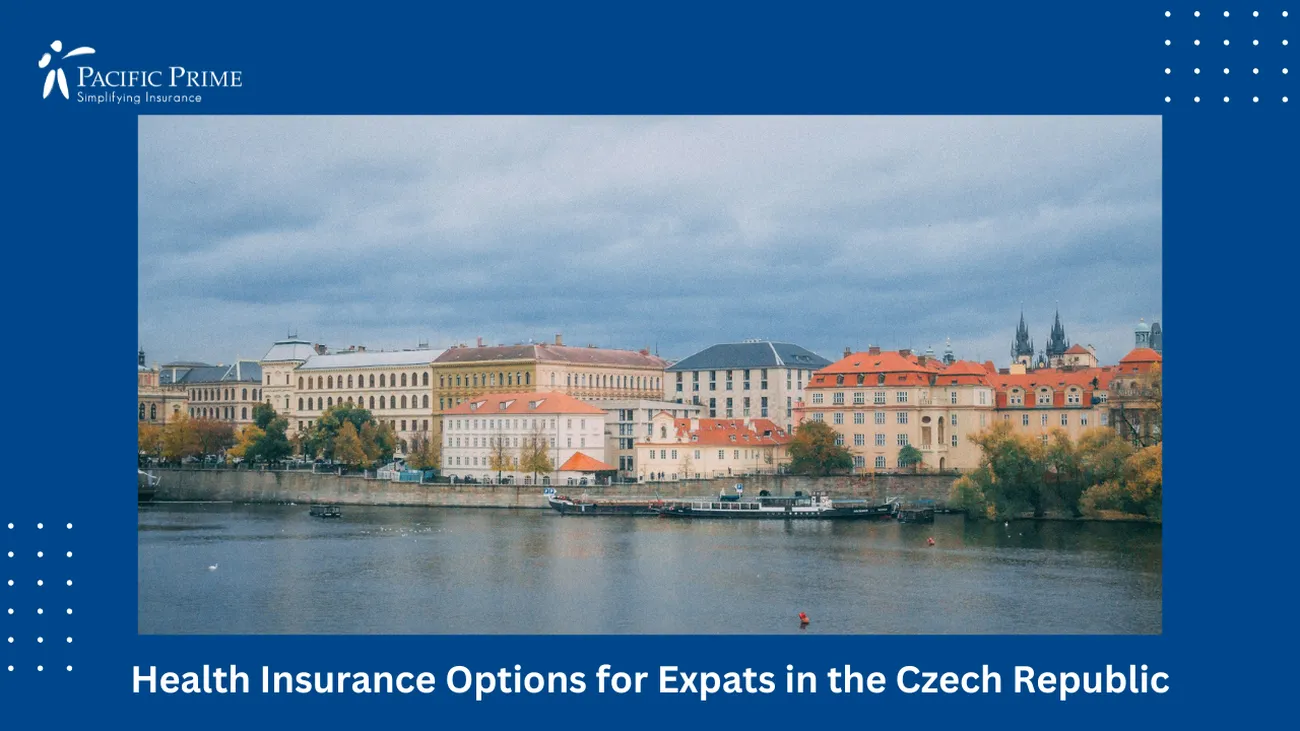 Image of White And Brown Concrete Building By The Water In Prague, Czech Republic with text overlay of "Health Insurance Options for Expats in the Czech Republic"