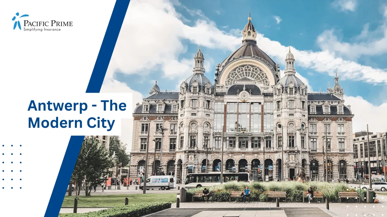 Image of White And Brown Concrete Building Under Blue Sky In Antwerpen with text overlay of "Antwerp - The Modern City"