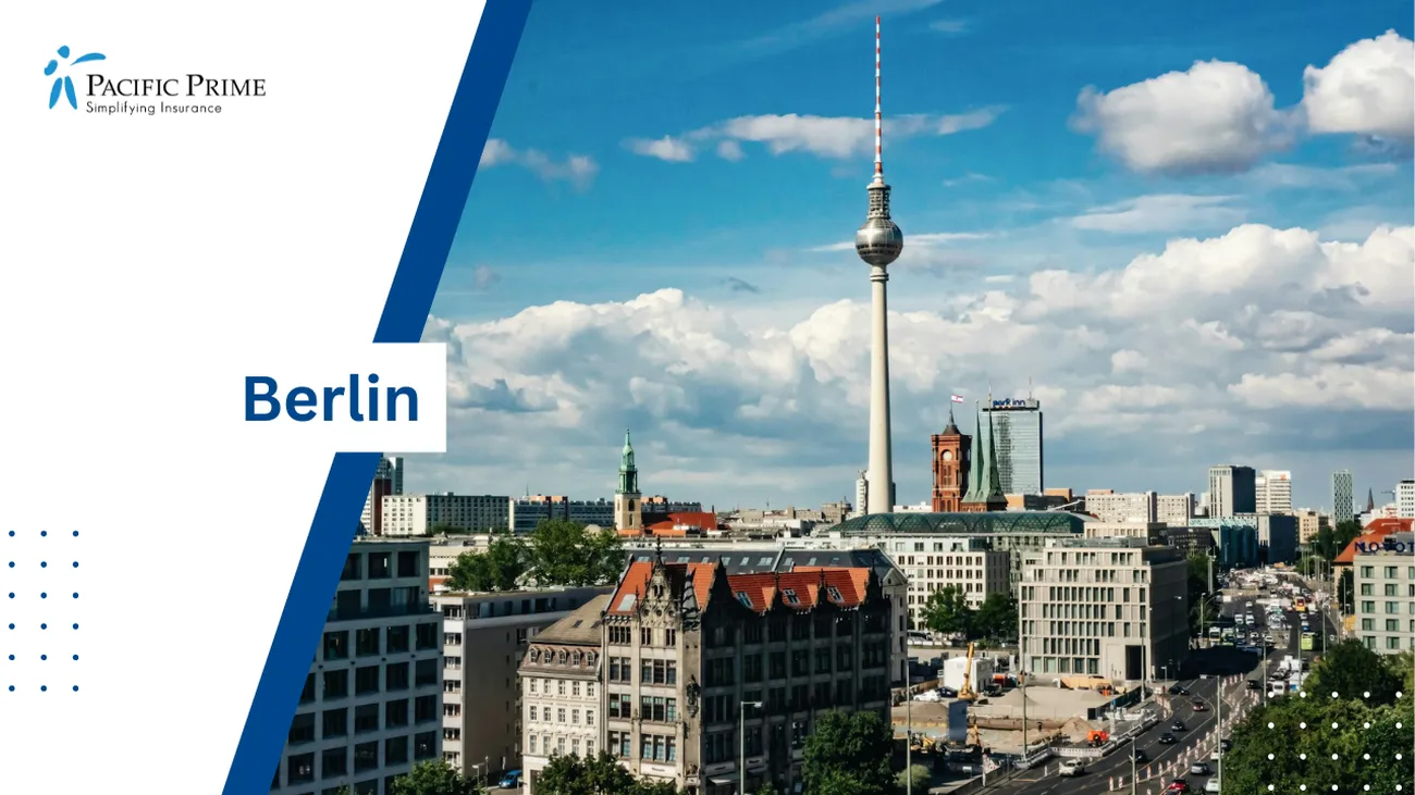 Image of White And Brown Concrete Building Under Blue Sky In Berlin, Germany with text overlay of "Berlin"