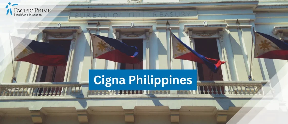 Image of White And Brown Concrete Building Under Blue Sky In Metro Manila, Philippines with text overlay of "Cigna Philippines"
