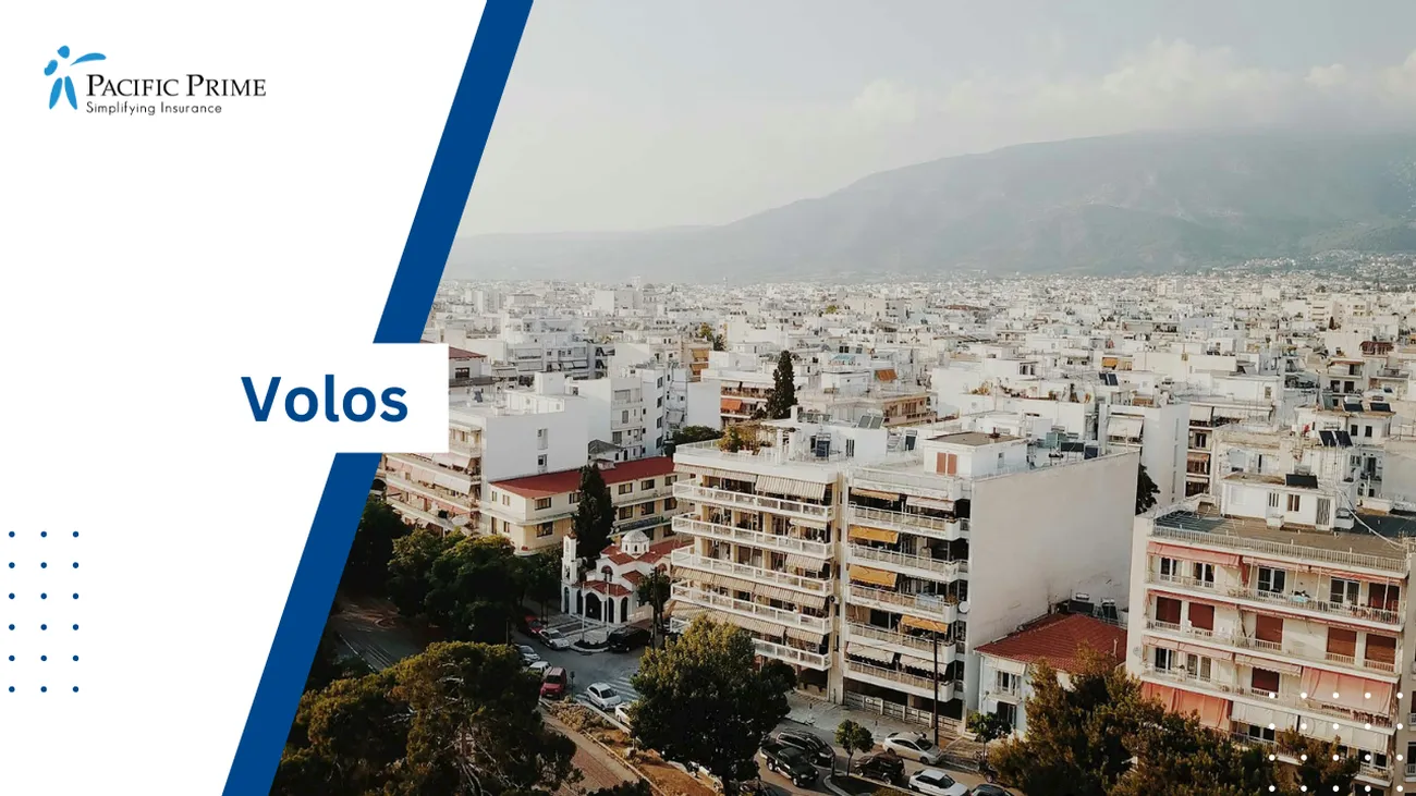 Image of White And Brown Concrete Buildings Near A Mountain In Volos, Greece with text overlay of "Volos"