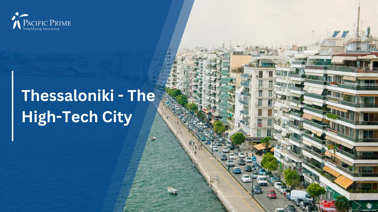 Image of White And Brown Concrete Buildings Near Water In Thessaloniki, Greece with text overlay of "Thessaloniki - The High-Tech City"