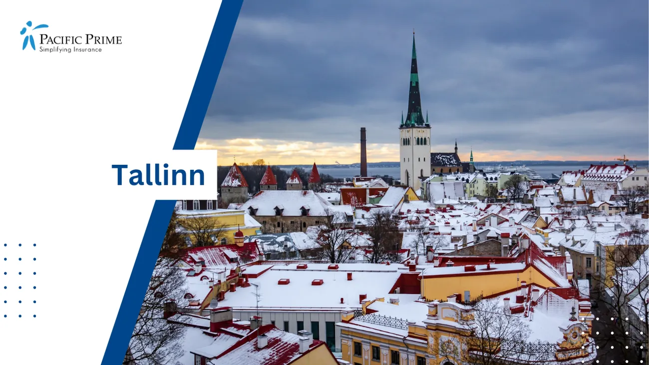 Image of White And Brown Concrete Buildings Under Clouds In Tallinn, Estonia with text overlay of "Tallinn"