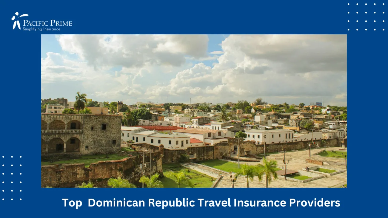 Image of White & Brown Concrete Buildings Under Clouds In Zona Colonial, Dominican Republic with text overlay of "Top Dominican Republic Travel Insurance Providers"