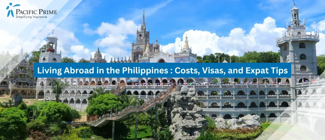 Image of White And Brown Concrete Church With Blue Sky Background In Cebu, Philippines with text overlay of "Living Abroad in the Philippines : Costs, Visas, and Expat Tips"